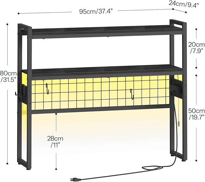 HOOBRO Desktop Bookcase, 37.4" Large Desk Shelf, 2-Tier Desktop Organizer, Wooden Office Storage Rack with Outlets, Display Shelf Rack with Light Strip, Desk Hutch for Office, Black BB13UDSJ01
