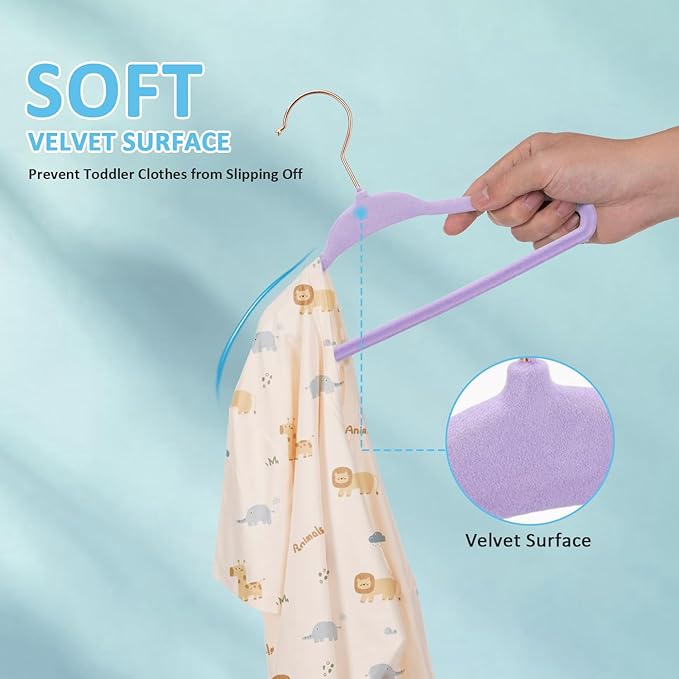 Tonswachic 50 Premium Baby Velvet Hangers - 11" Non-Slip, Ultra-Slim Space-Saving Kid Hangers - 360° Swivel Hook, Strong & Durable Infant & Toddler Clothes Hanger for Closet - Purple
