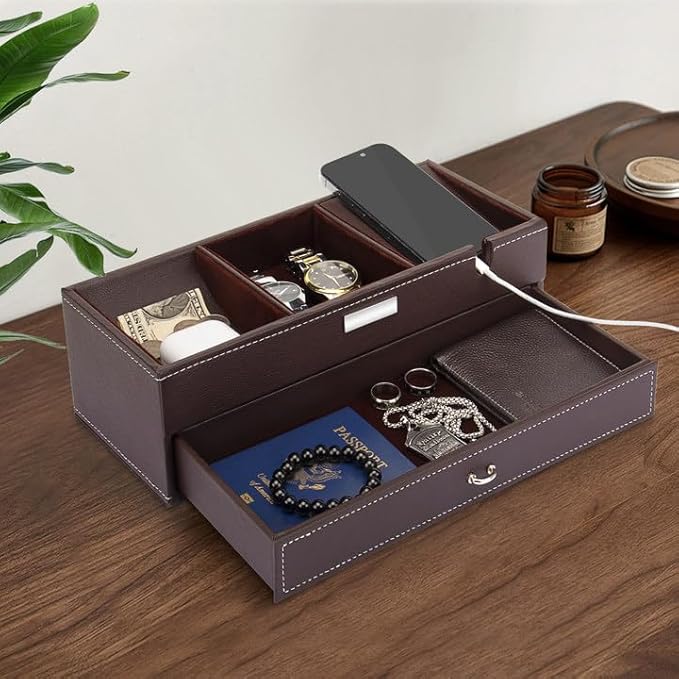Baoyun Mens Valet Tray, Nightstand Organizers for Men, Leather Jewelry Storage Box Bedside Table Organizer EDC Catch All for Jewelry Key Wallet and Phone