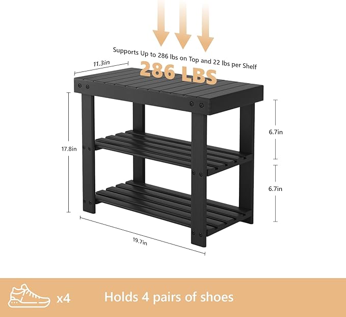 NEWBULIG Shoe Rack Bench, 3-Tier Bamboo Shoe Organizer, Wooden Entryway Storage Bench, 286 lb Load Capacity, 11.2x19.7x17.9 Inches, for Entryway Bathroom Bedroom Balcony, Black