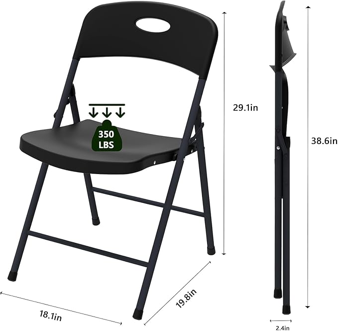6 Pack Black Folding Chair, Plastic Portable Stackable Commercial Seats with Steel Frame 350lb, Heavy Duty Foldable Chair for Indoor and Outdoor, Patio, Office, Picnic, Kitchen, Events