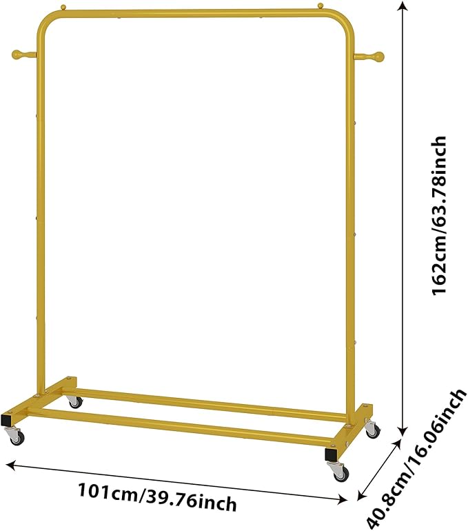 Sywhitta Clothing Rack on Wheels with Storage Shelf & Sturdy Metal Frame, Retail Clothing Rack for Hanging Clothes, Coats,Space-Saving Mobile Organizer for Closet, Bedroom, Laundry Room, Gold Yellow