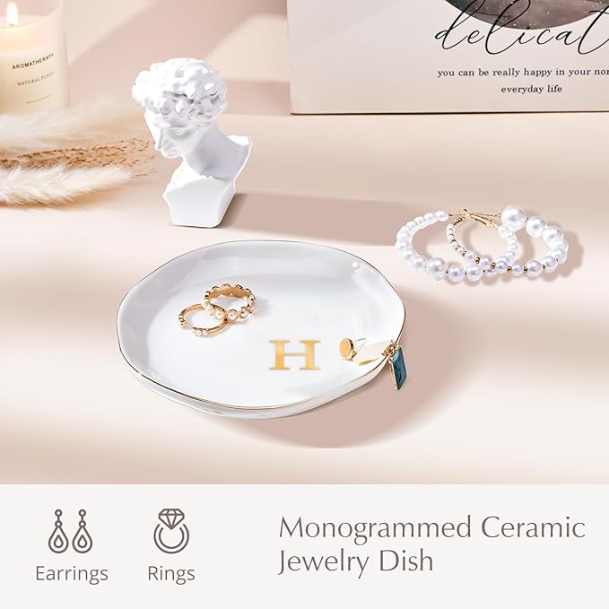 ProCase Ceramic Jewelry Tray, Initial Ring Dish Trinket Plate Engagement Gift, Small Personalized Monogram Ring Bowl for Wedding, White Decorative Jewelry Holder for Women Vanity -Letter H