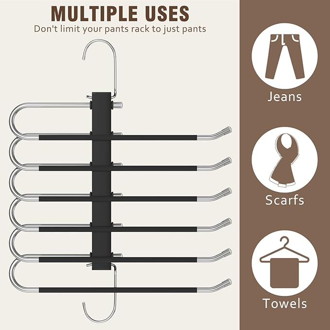 HUITEM Space Saving 6 Tier Pant Hangers, Anti-Slip, Stainless Steel, 2 Pack, Black
