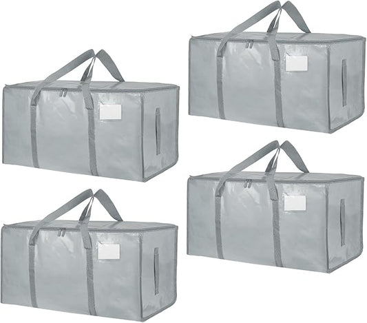 4 Pack-Extra Large Heavy Duty Moving Bags - Waterproof Storage Totes with Handles & Zippers, Foldable for College Dorm, Storage (light gray)