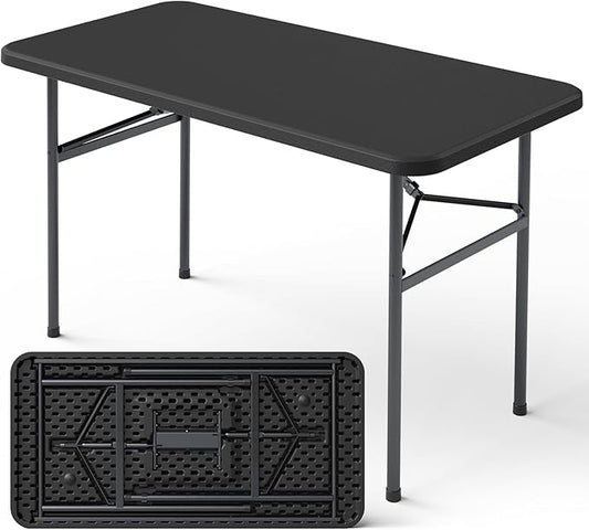 4ft Folding Table with Foldable Steel Legs, Heavy Duty Plastic Foldable Table, Metal Frame, Support up to 400 lb, Portable for Banquet, Craft, Party, Indoor & Outdoor Use, Black