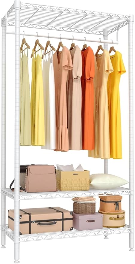 3-Tier Metal Clothes Rack with Adjustable Shelves and Hanging Rod, Freestanding Wardrobe Storage Organizer, 660 lbs Capacity, Portable for Bedroom or Laundry Room, White