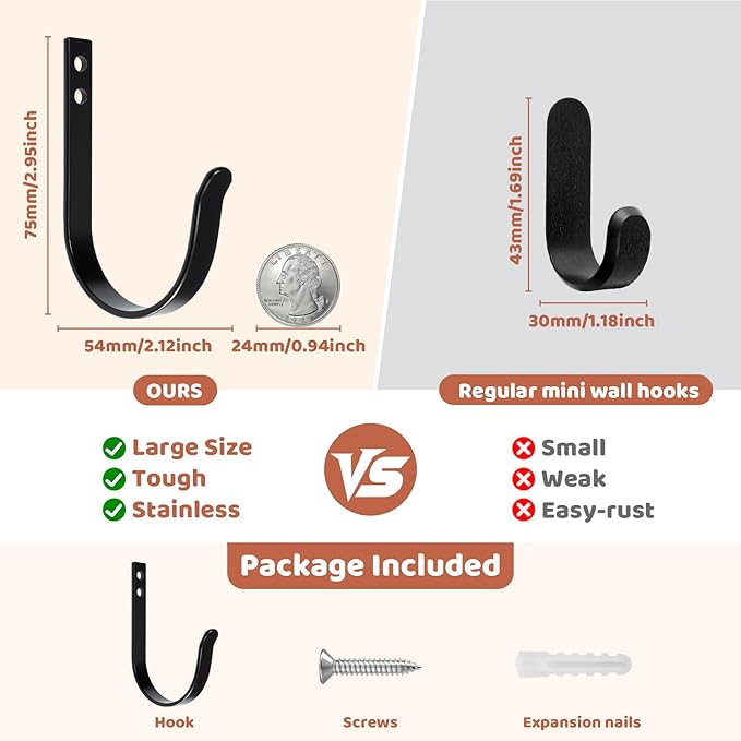 12 Pcs Wall Hooks for Hanging, Large Coat Hooks Wall Mount, Heavy Duty Screw in Metal Hooks for Wall (22LB), Towel Hooks for Bathrooms, Door, Mudroom, Backpack, Clothes, Closet, Purses, Black