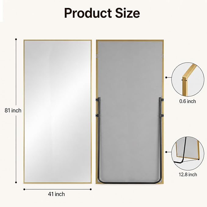 Antok Full Length Mirror, 81"x41" Floor Mirror with Stand, Hanging Mounted Mirrors for Bedroom, Living Room, Cloakroom, Dining Room, Gold, Rect
