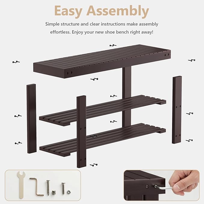 NEWBULIG Shoe Rack Bench, 3-Tier Bamboo Shoe Organizer, Wooden Entryway Storage Bench, 286 lb Load Capacity, 11.2x35.5x17.9 Inches, for Entryway Bathroom Bedroom Balcony, Brown