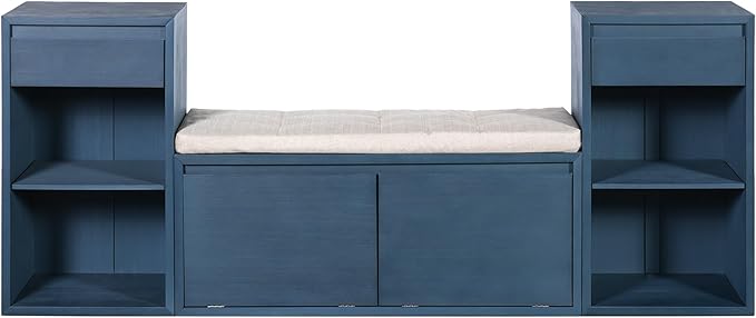 Merax All-in-One Shoe Storage Bench with Cushion & Flip Compartments, Entryway Bench with Drawers and Open Shelves, Solid Wood Vintage Storage Bench for Mudroom Hallway Living Room, Antique Navy