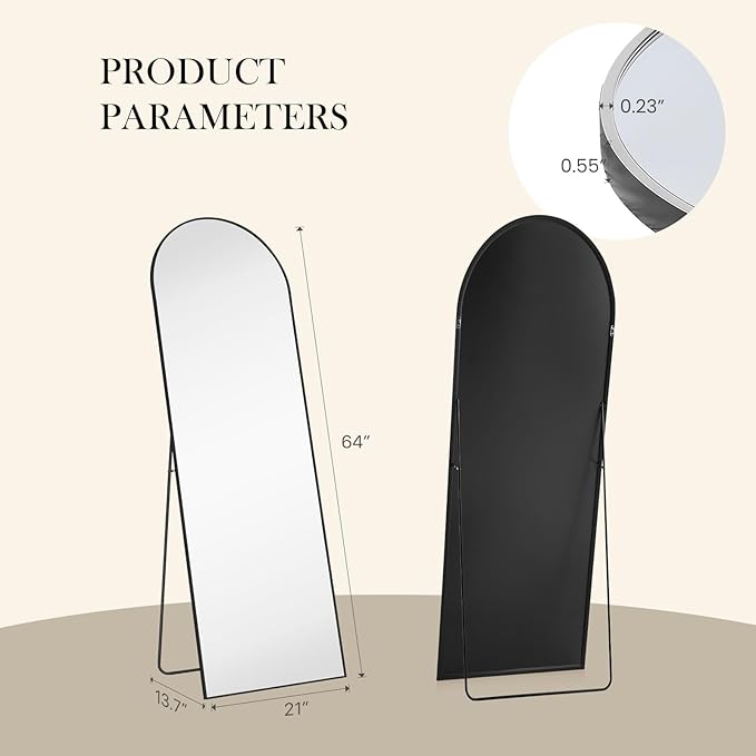 NEWBULIG 64"x21" Arched Full Length Mirror, Full Body Floor Mirror with Aluminum Alloy Thin Frame, Wall or Standing Mirror for Bedroom, Living Room, Dressing Room, Black-Arched