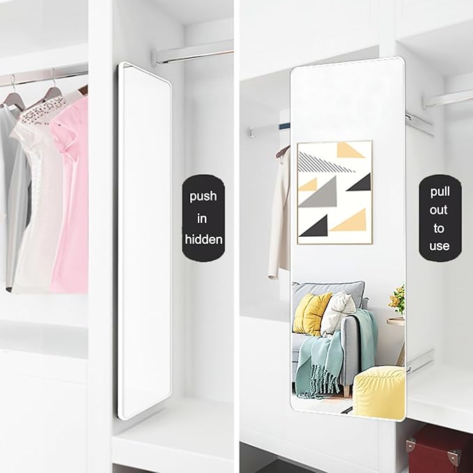 Hideaway Closet Mirror, Retractable Full Length Mirror, 51" x 16" Wall Mounted Mirror, Suitable for Bedroom, Locker Room, Cloakroom - White
