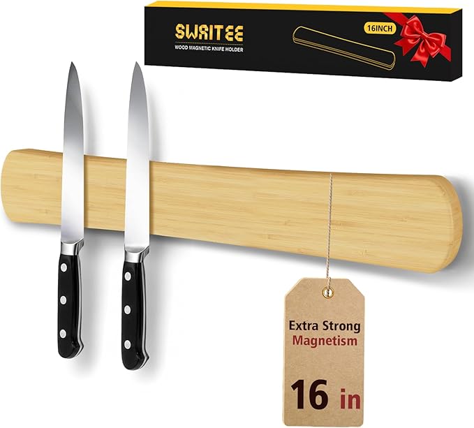 Swaitee Magnetic Knife Holder for Wall, 16 Inch Bamboo Magnetic Knife Strip, Kitchen Storage Organizer, Fridge Side Mount, Housewarming Gifts for New Home