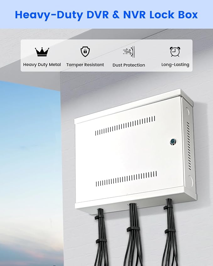 DVR Lock Box & NVR Enclosure, Heavy Duty Lockable Metal Cabinet for CCTV Surveillance, Wall Mount with Ventilation & Cable Management