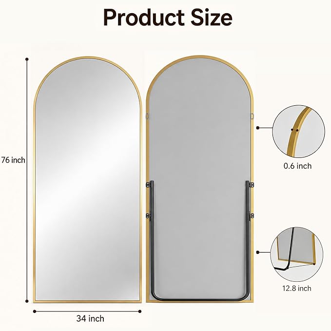 Antok Full Length Mirror, 76"x34" Floor Mirror with Stand, Hanging Mounted Mirrors for Bedroom, Living Room, Cloakroom, Dining Room, Gold, Arched
