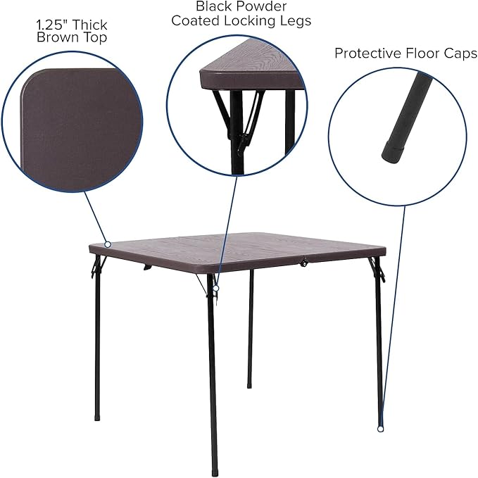 Flash Furniture Dunham 2.83-Foot Square Bi-Fold Brown Wood Grain Plastic Folding Table with Carrying Handle