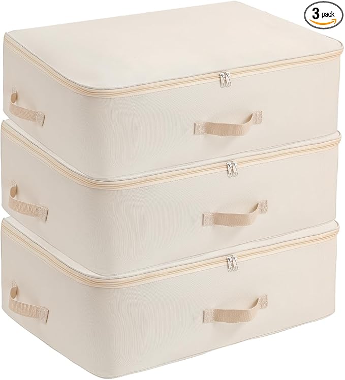 Surblue Clothing Storage Bags Clothes Organizer with Reinforced Handle Foldable Under Bed Storage Bags for Blankets Comforters Quilt Bedding Pillow,3Pcs, Beige
