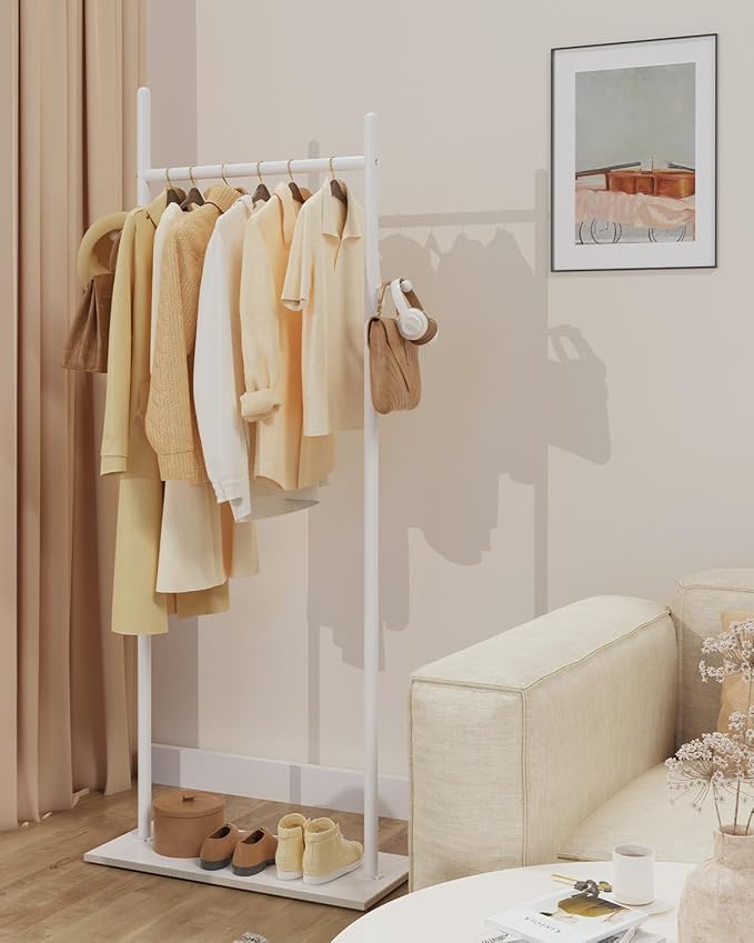 Large Metal Coat Rack Freestanding, Modern Coat Hanger Stand with 2 Hooks and Heavy Rock Slab Base, Industrial Clothing Rack, 25.6 x 11.8 x 68.9 In, White, GYJ202LW