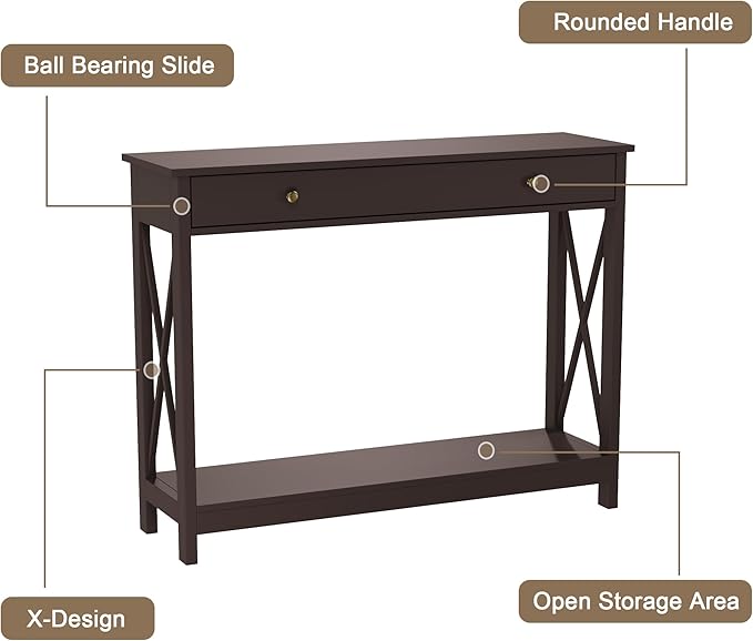 Treocho Espresso Console Table with Drawer and Storage Shelves, Foyer Sofa Table Narrow for Entryway, Living Room, Hallway