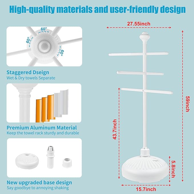 Pool Towel Rack Outdoor, 59" Aluminum Towel Holder with Wide Stable Base,3 Adjustable Bars, Pool Furniture,Rustproof Towel Drying Rack for Pool, Patio, Hot Tub,& Spa – White