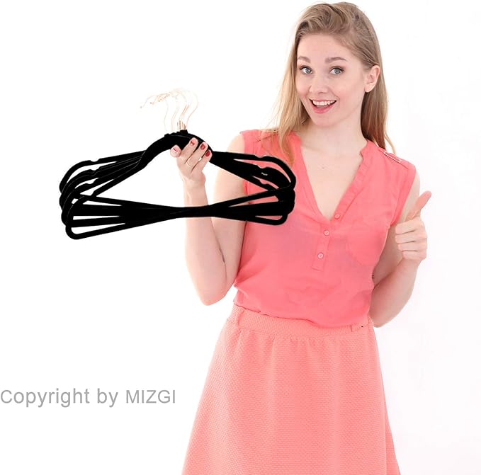 MIZGI Premium Velvet Hangers (50 Pack) Heavy Duty - Non Slip Felt Hangers - Velvet Suit Hangers Black - Rose Gold Hooks,Space Saving Clothes Hangers