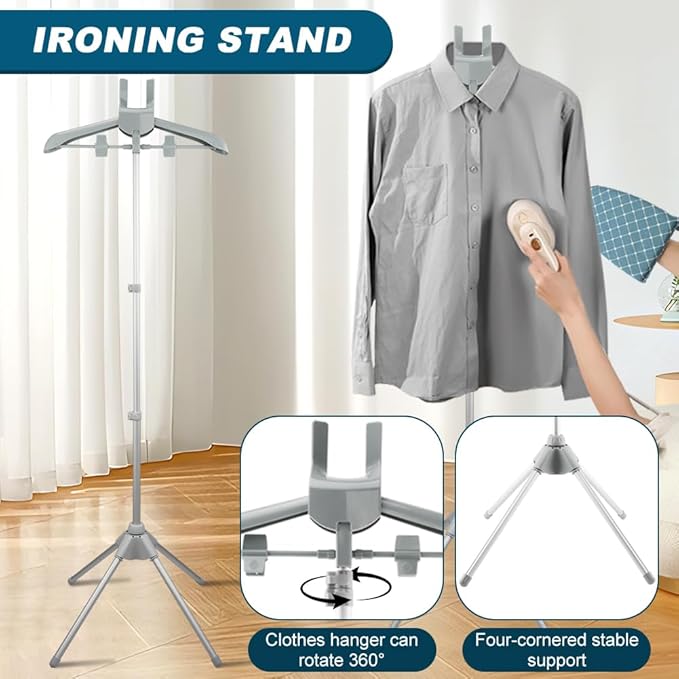 Steamer Hanger Stand with Adjustable Height, Portable Steamer Rack with Handheld Ironing Board＆Hair Remover for Steaming Clothes for Homes Clothing Stores & Hotels