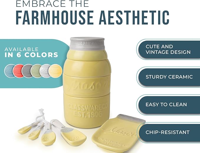 Comfify Mason Jar Kitchenware Set – Yellow Ceramic Decor with 4 Measuring Cups, 4 Measuring Spoons, Spoon Rest
