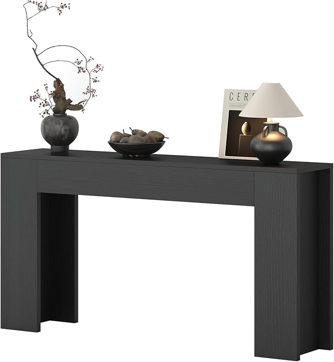 knoworld 63-Inch Long Console Table with LED Light, Farmhouse Sofa Table Behind Couch, Wooden Console Table for Entryway Hallway Entrance Living Room, Black