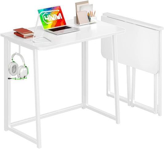 4NM 31.5" Small Folding Desk, Foldable Computer Home Office Desk, Study Writing Table for Small Space Saving Bedroom, Easy Assembly - All White