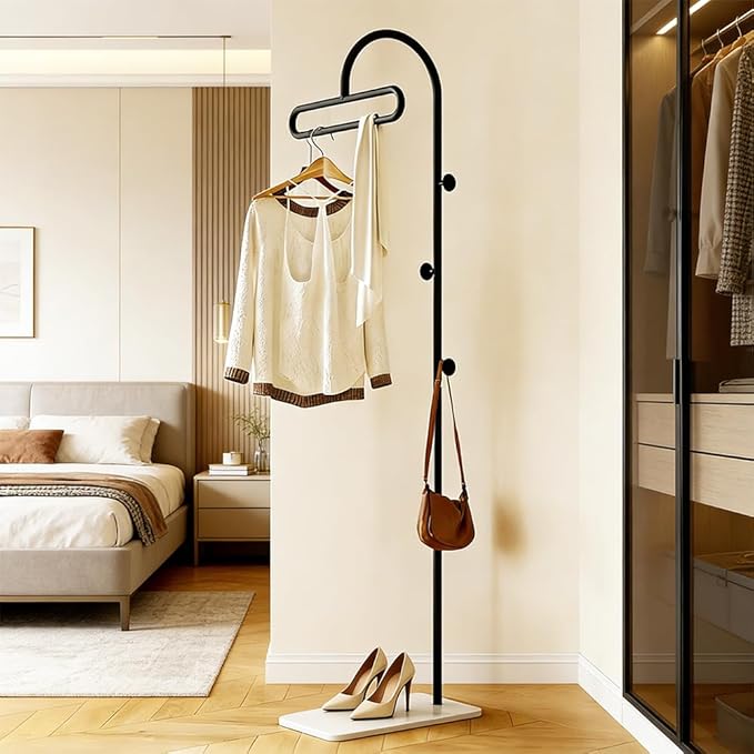 Coat Rack Freestanding Clothes Rack with Hooks & Marble Base, Heavy Duty Coat Hanger Stable Coat Stand for Entryway Bedroom, Hanging Garment Rack Hall Tree for Clothing Ties Hats Bags Purses (Black)