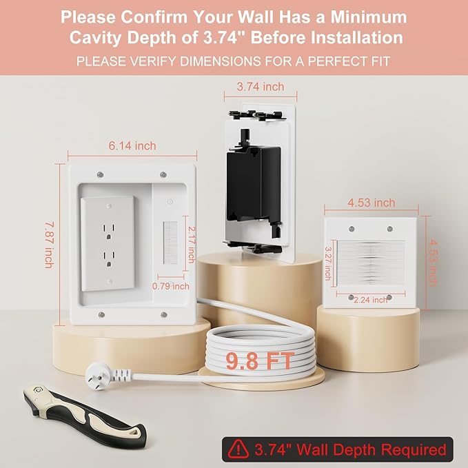 in-Wall TV Cable Concealer Kit with Recessed Power – 2 AC Outlet, 9ft Cord, and Hand Saw – Easy, Safe Cable Management for Organized TV and Home Theater Setups，Easy Installation Kit，Multiple Scenarios