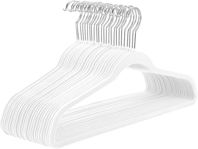 MIZGI White Velvet Hangers 60 Pack,Premium Chrome Clothes Hangers Non-Slip Felt Hangers,Sturdy White Hangers Heavy Duty Coat Hangers,Durable Suit Hangers for Space Saving, No Flocked Hanger Marks