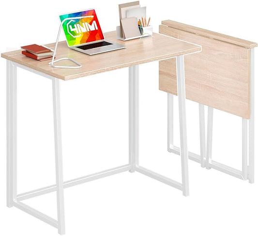 4NM 31.5" Small Folding Desk, Foldable Computer Home Office Desk, Study Writing Table for Small Space Saving Bedroom, Easy Assembly - Natural and White