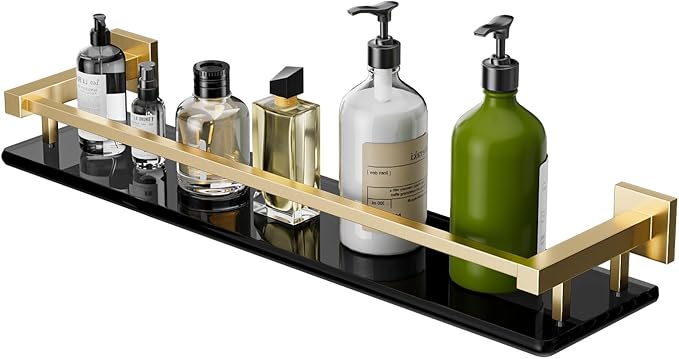 Alise Glass Shelf for Bathroom 20 inch, Gold Black Glass Floating Shelves, Stainless Steel Glass Bathroom Shelves Wall Mounted