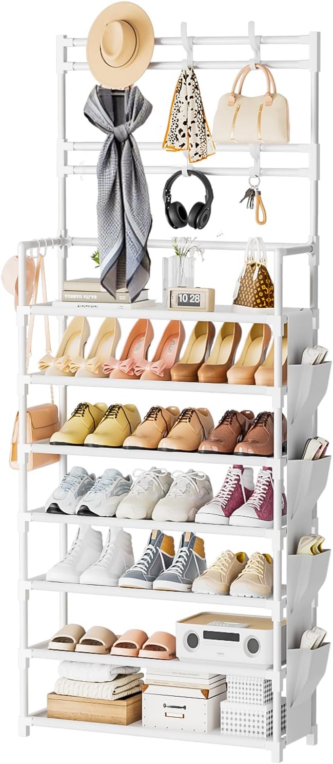OYREL Shoe Rack 7 Tier Shoe Organizer Storage 21-28 Pairs Closet Shoes Rack for Front Door Entrance Shoe Rack Organizer with Hooks Side Pocket Entryway Large Capacity Shoe Shelf Tower Garage