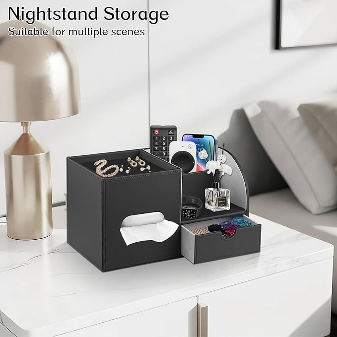 PU Leather Square Tissue Box Cover with Tray and Organizer, Multi-Function Remote Control Tissue Holder for Vanity, Nightstand, Bathroom, Home and Office