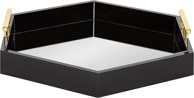 Kate and Laurel Lipton Modern Hexagon Mirrored Tray; 18 x 18; Black and Gold; Midcentury Decorative Serving Tray for Storage and Display