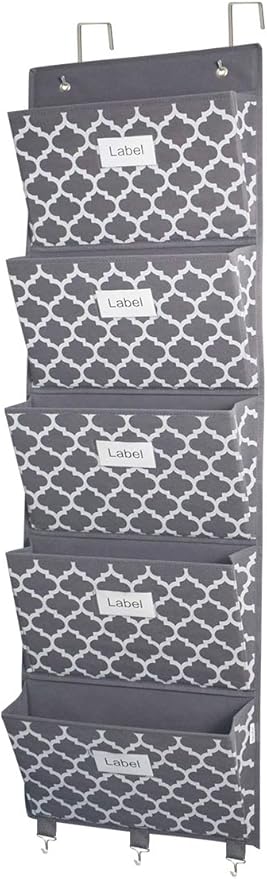 homyfort Over the Door File Organizer, Hanging File Folders, Wall Organizers and Storage for Mail, Magazine, Notebooks, Planners, Office, Classroom, 5 Extra Large Pockets (Grey Lantern Pattern)