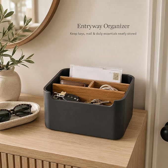 Remote Control Holder with Removable Wood Compartments for Media Devices, Desktop Stationery, and Bedside Nightstands, Black