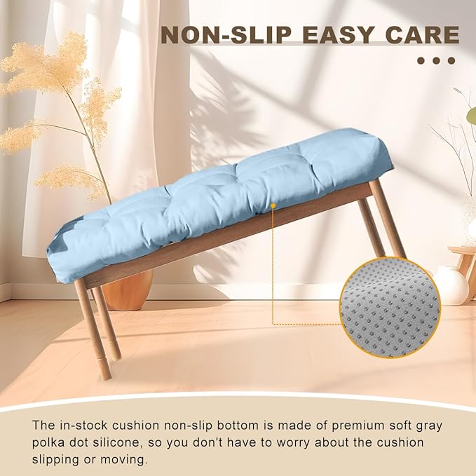 Bench Cushion 27 inches,Indoor/Outdoor Non-Slip Tufted Cushions, Premium Waterproof Linen, Soft Piano Sofa Cushions, Entryway Storage, Bay Window, High-Density Memory Foam(Grey Blue-27x12x4in)