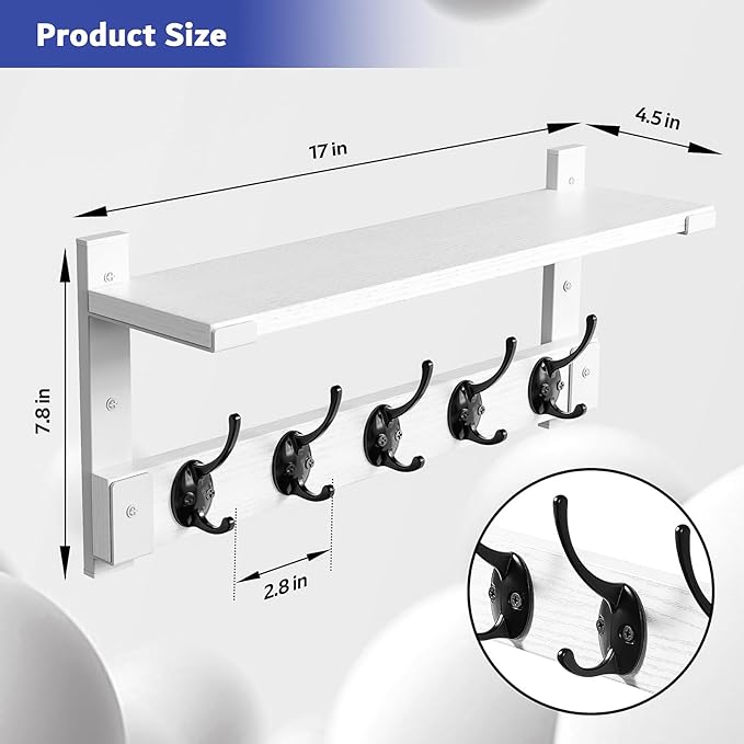 Oraich Wall Hooks with Shelf, Coat Rack Wall Mount for Coat Backpack Key Clothes Hanger, Wall Floating Shelf Hanging in Entryway, Living Room, Bathroom, Bedroom, Kitchen(White)