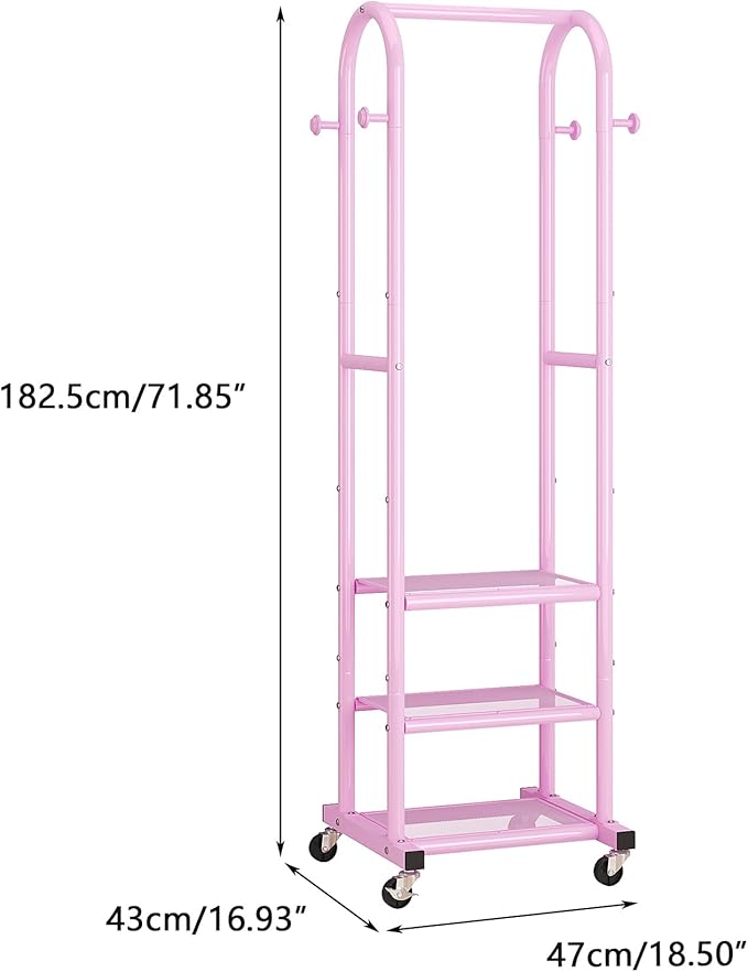 Dttwacoyh Hall Tree with Wheels and Hanging Hooks, Entryway Clothing Rack with Shoe Shelves,Pink Decorative Freestanding Metal Garment Rack Suitable for Hallway,Bedroom and Bathroom – Pink