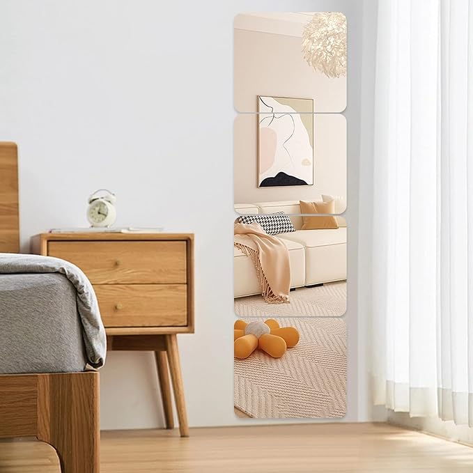 JEOYOO Full Length Wall Mirror Tiles, 14'' x 12'' x0.12, 4PCS, Frameless Full Body Mirror Tiles for Bedroom, Non Glass Mirrors Wall Mounted for Home Gym, Gift Ideas, On The Door, Kids Room