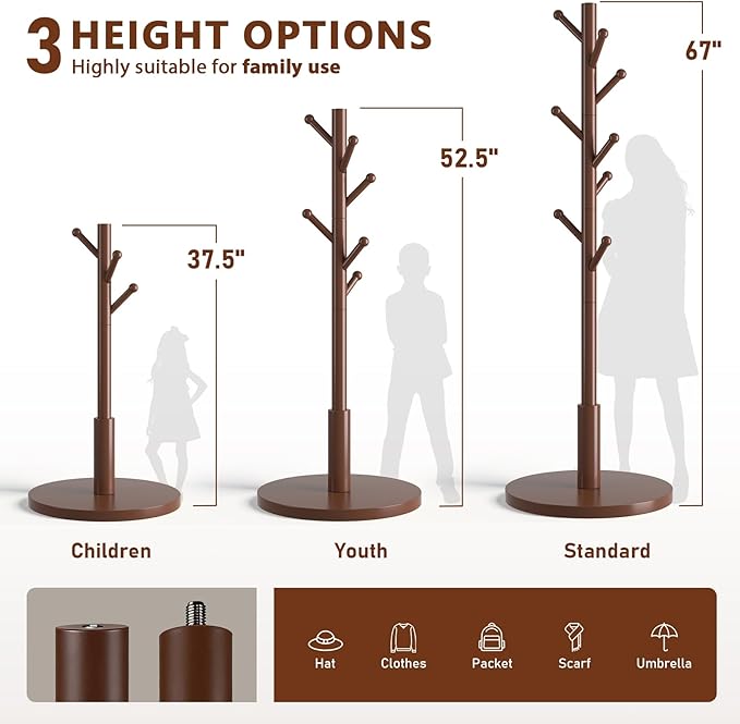Coat Rack Freestanding Wooden Coat Tree Stand with 8 Round-tip Hooks, 3 Adjustable heights Coat Hat Rack for Entryway,Bedroom,Hallway,Office (Brown)