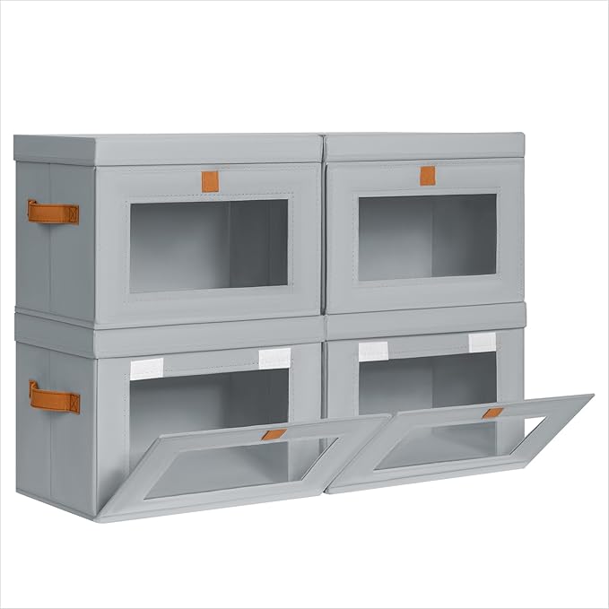 Homsorout Medium Fabric Storage bins - Collapsible Storage Bins with Open Window, 4 Pack Closet Baskets for Shelves, Stackable Decorative Boxes for Home, Dorm, Grey, 13.7"x 9.8" x 9.8"