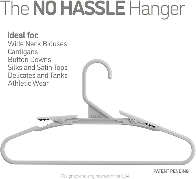 No Hassle-Hangers Best Clothes Hanger Ultra Soft Rubberized Grip Clip Keeps Garments in Place and Off the Floor. Perfect for Wide Neck Silks & Satin Tops, delicates, Athletic wear. (10, Slate Blue)