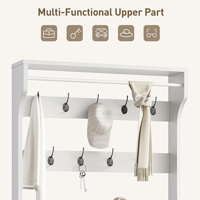 RALGEND Shoe Cabinet with Coat Rack, Tall Narrow Hidden Shoe Storage Cabinet with 2 Flip Drawers, Slim Freestanding Shoe Rack with Hooks, Hall Tree, Narrow Shoe Organizer for Entryway, White