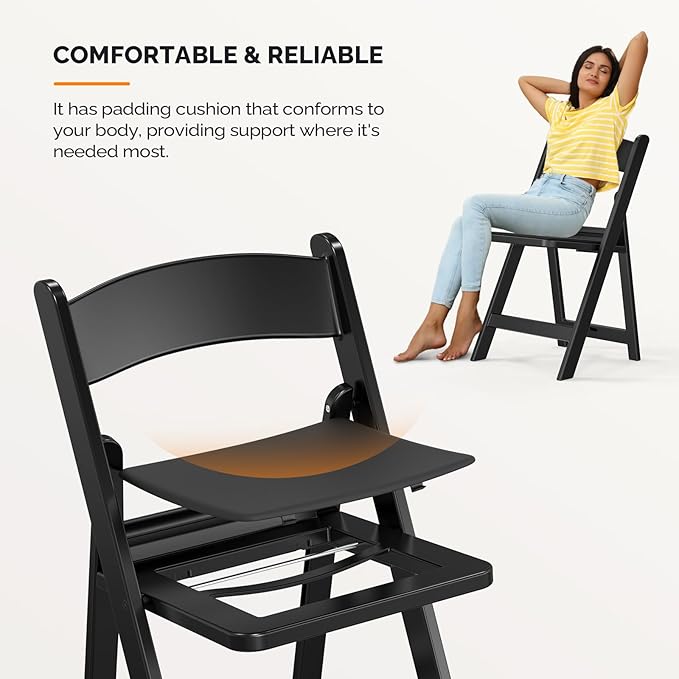 VINGLI Resin Folding Chairs with Cushion, Foldable Plastic Chair with Comfortable Padded Seats, Perfect for Event Party Indoor Outdoor, Black, 8 PC