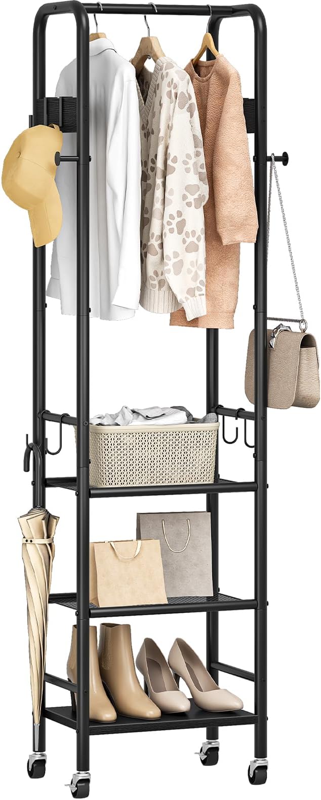CHOEZON Coat Rack, Freestanding Coat Rack with 3 Shelves, Rolling Garment Rack with Wheels and Hooks, Coat Hanger Stand, Clothes Rack, Hanging Rod, for Entryway, Bedroom, Living Room, Black TYM17BB
